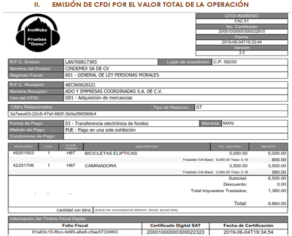 cfdi de anticipo por el valor total de la operacion