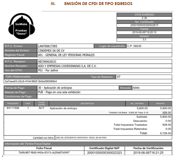 emision de cfdi de tipo egreso relacionado al anticipo