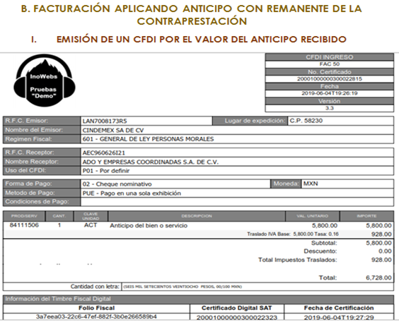 factura de anticipo con con remanente de la contraprestacion