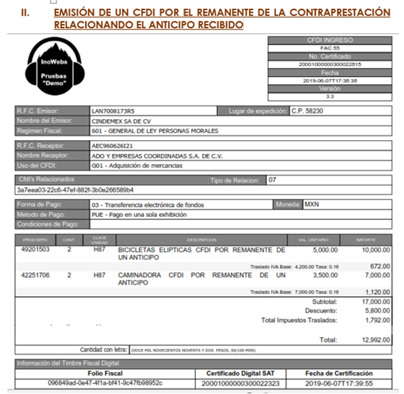 cfdi de anticipo de la contraprestacion del anticipado recibido