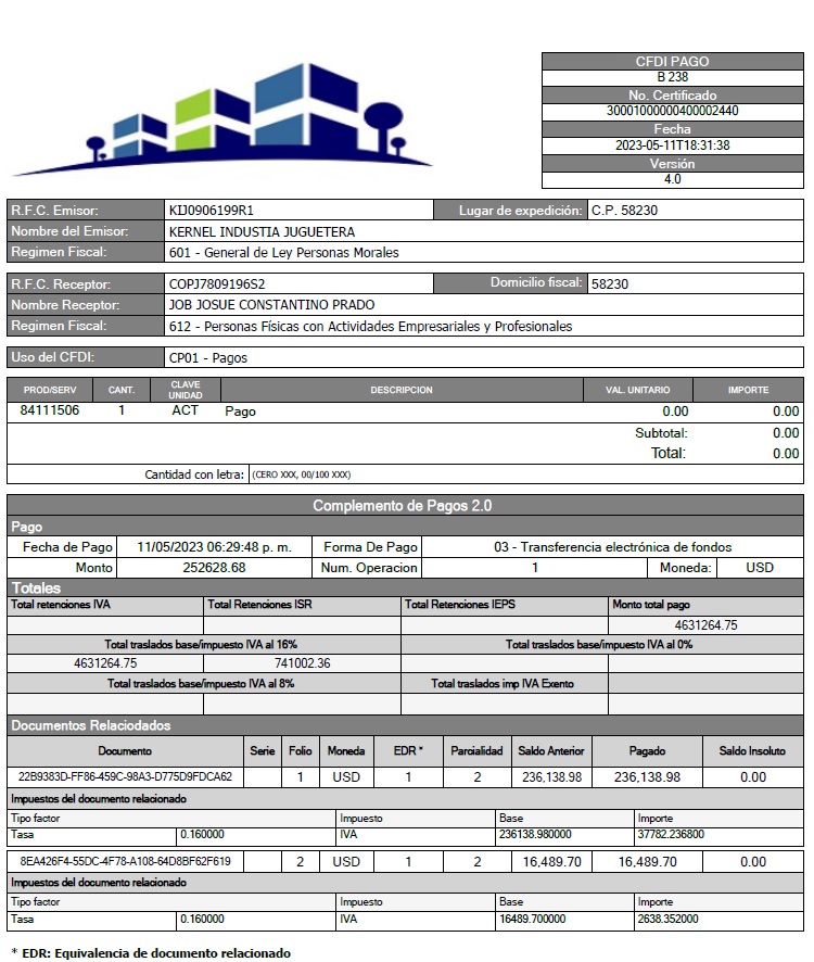 Ejemplo en PDF de complemento de pagos